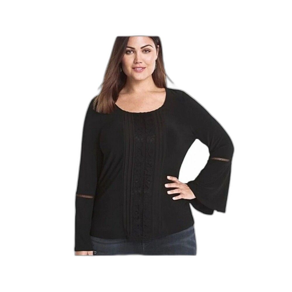 NWT WHBM Black Lace Inset Blouse Women's Size Large Black Long Bell Sleeves